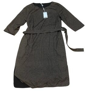 HUGO BOSS Reversible Tweed Herringbone Midi Dress Belted 3/4 Sleeve Womens 4 NWT